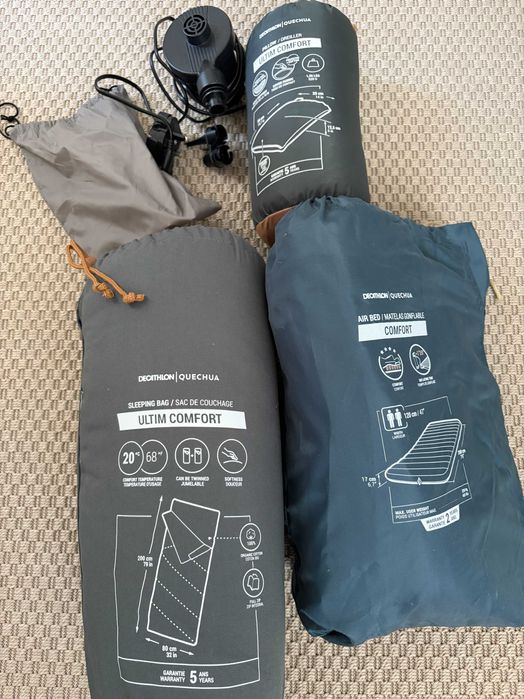 Quechua colchão, saco-cama, almofada de campismo e bomba elétrica