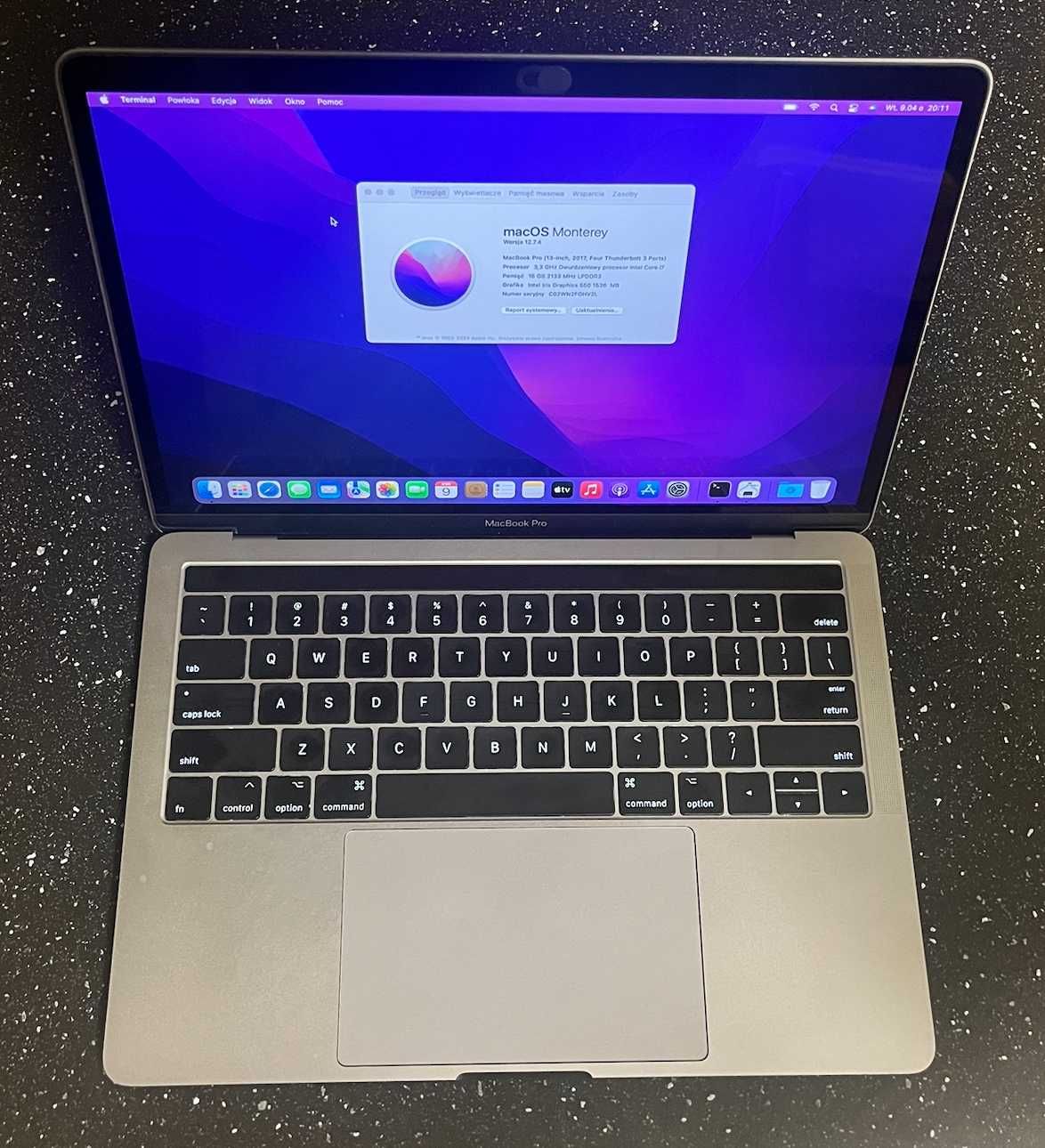 Macbook Pro 2017 A1706 Intel I7 16gb 512ssd bładny Space Gray zasilacz