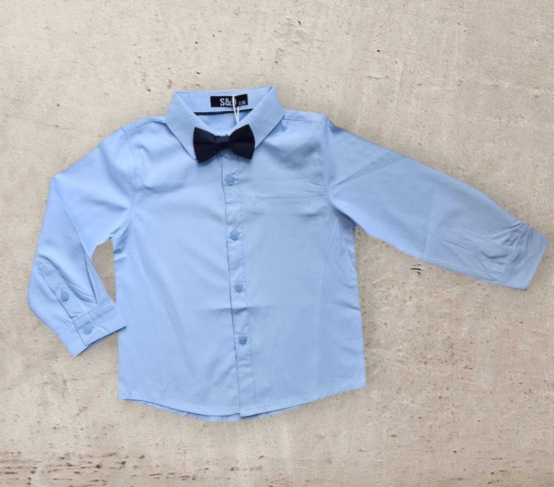 Niebieska koszula dla chłopca z muchą 7-8 lat