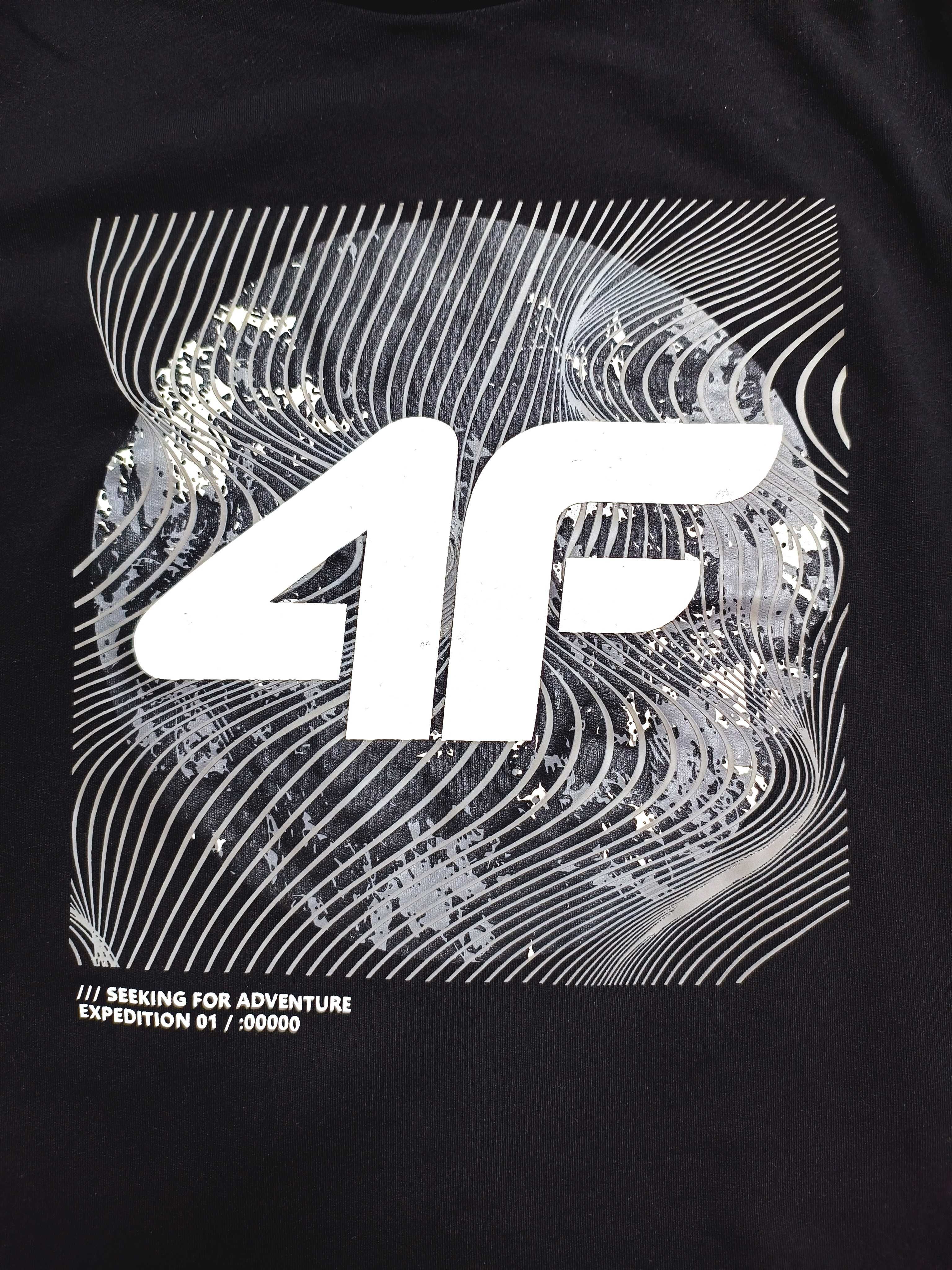 4F czarny t-shirt z białym nadrukiem 158 164 bawełna krótki rękaw lato