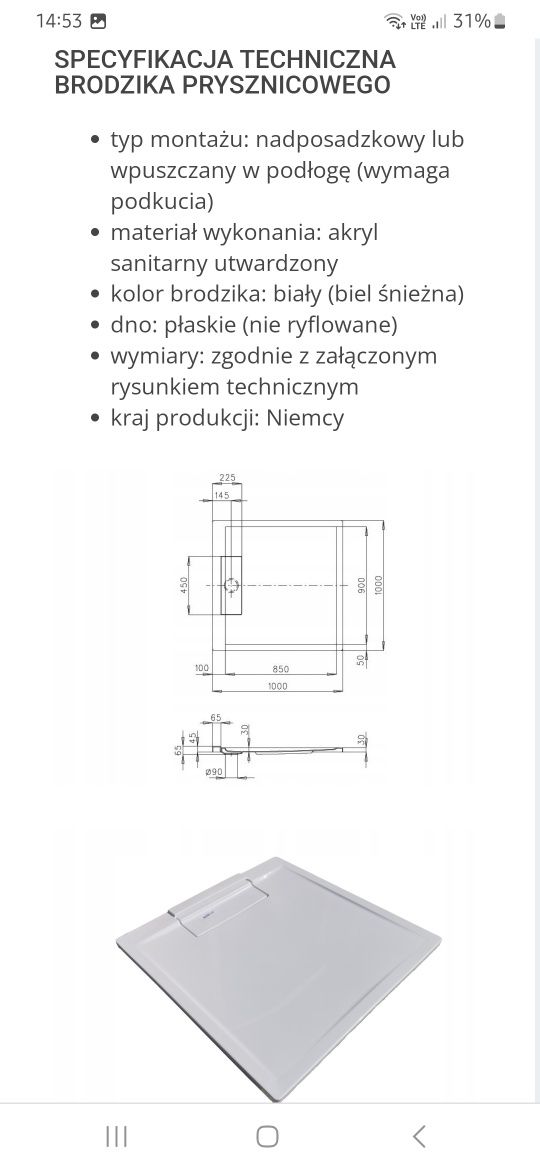 Brodzik Veltini slim z odplywem