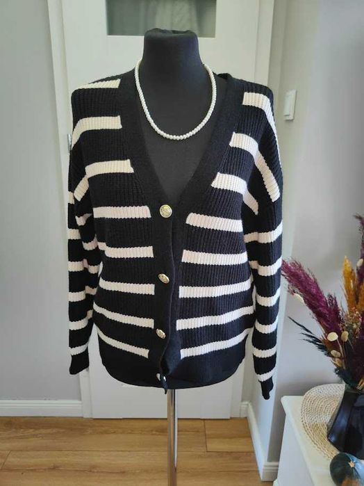 kardigan czarno biały w paski ze złotymi  guzikami Primark S/M