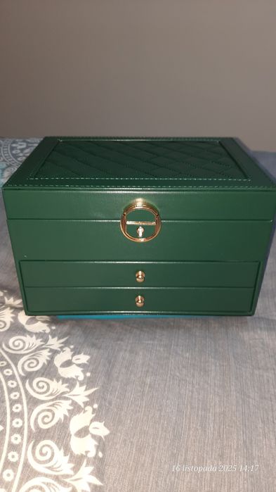 Szkatułka na biżuterię 3 poziomowa, butelkowa zieleń