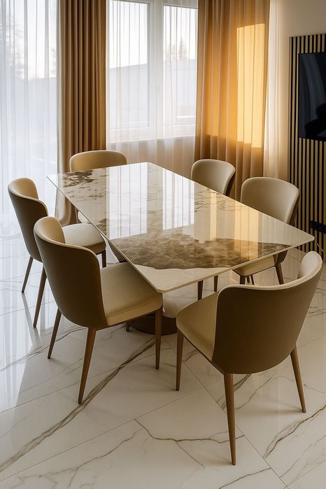 Elegancki Zestaw Stół z 6 Krzesłami – Marmurowy Blat / Beżowe Krzesła