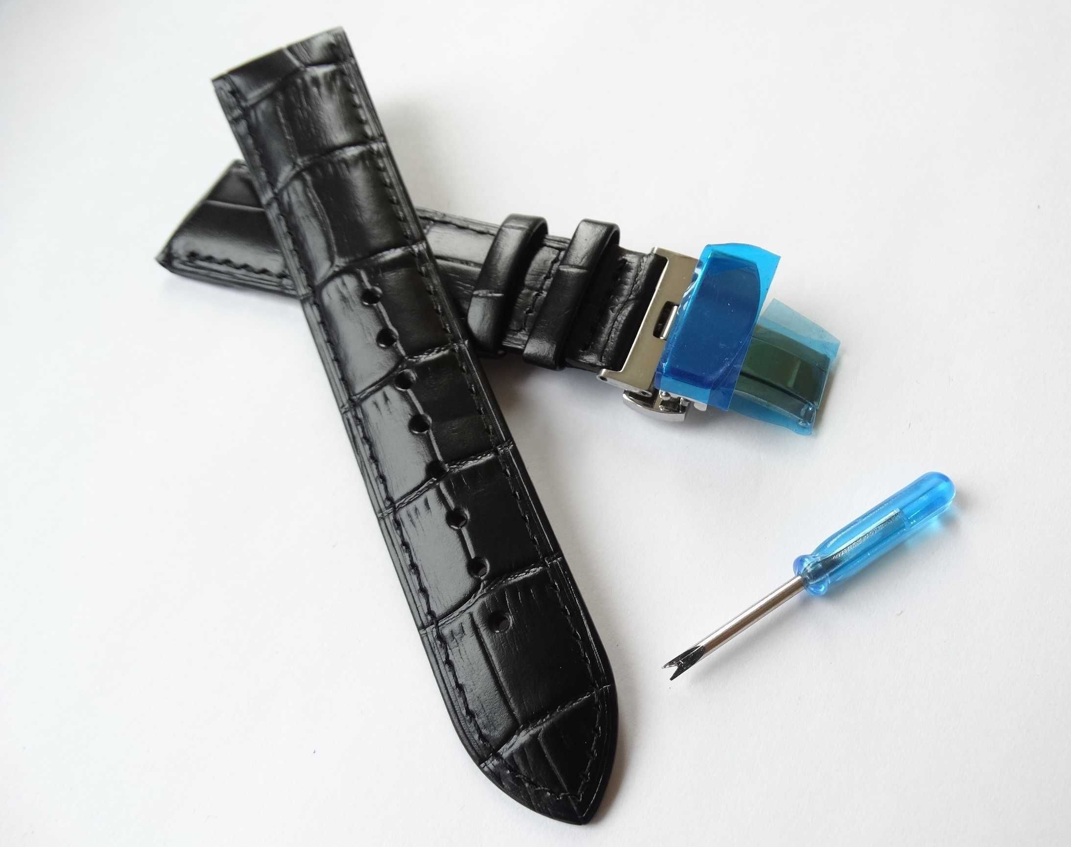 Pasek skórzany do zegarka 22mm czarny z zapięciem motylkowym