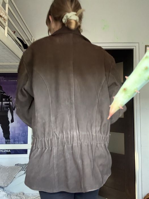Brązowa skórzana kurtka retro vintage ramoneska pasek xxl oversize