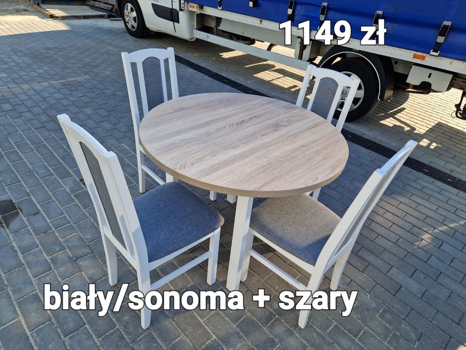 Nowe : Stół okrągły + 4 krzesła, bialy/sonoma + szary , dostawa PL