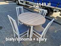 Nowe : Stół okrągły + 4 krzesła, bialy/sonoma + szary , dostawa PL