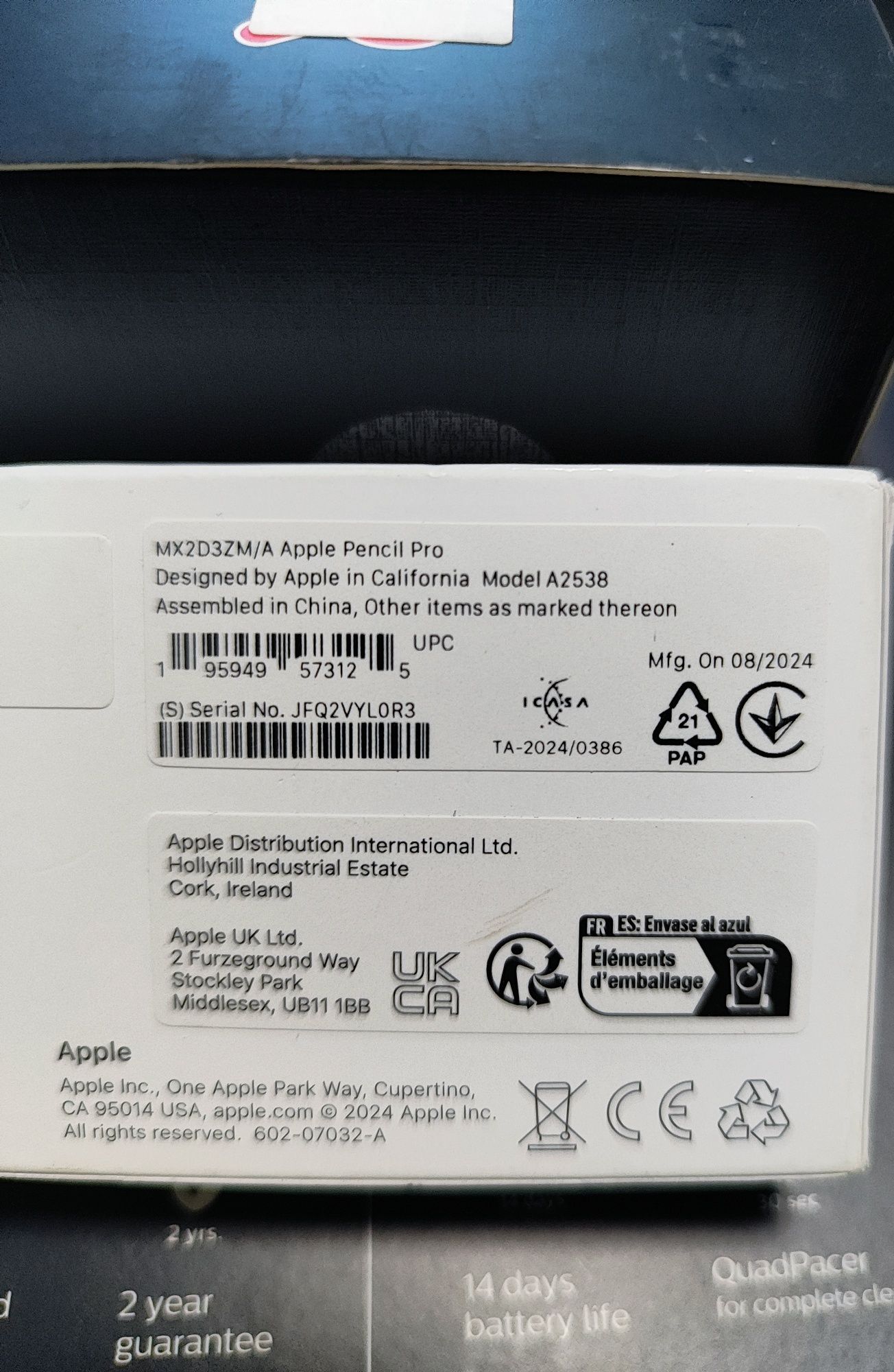 Стилус Apple Pencil Pro, Model A2538 (MX2D3ZM/A)