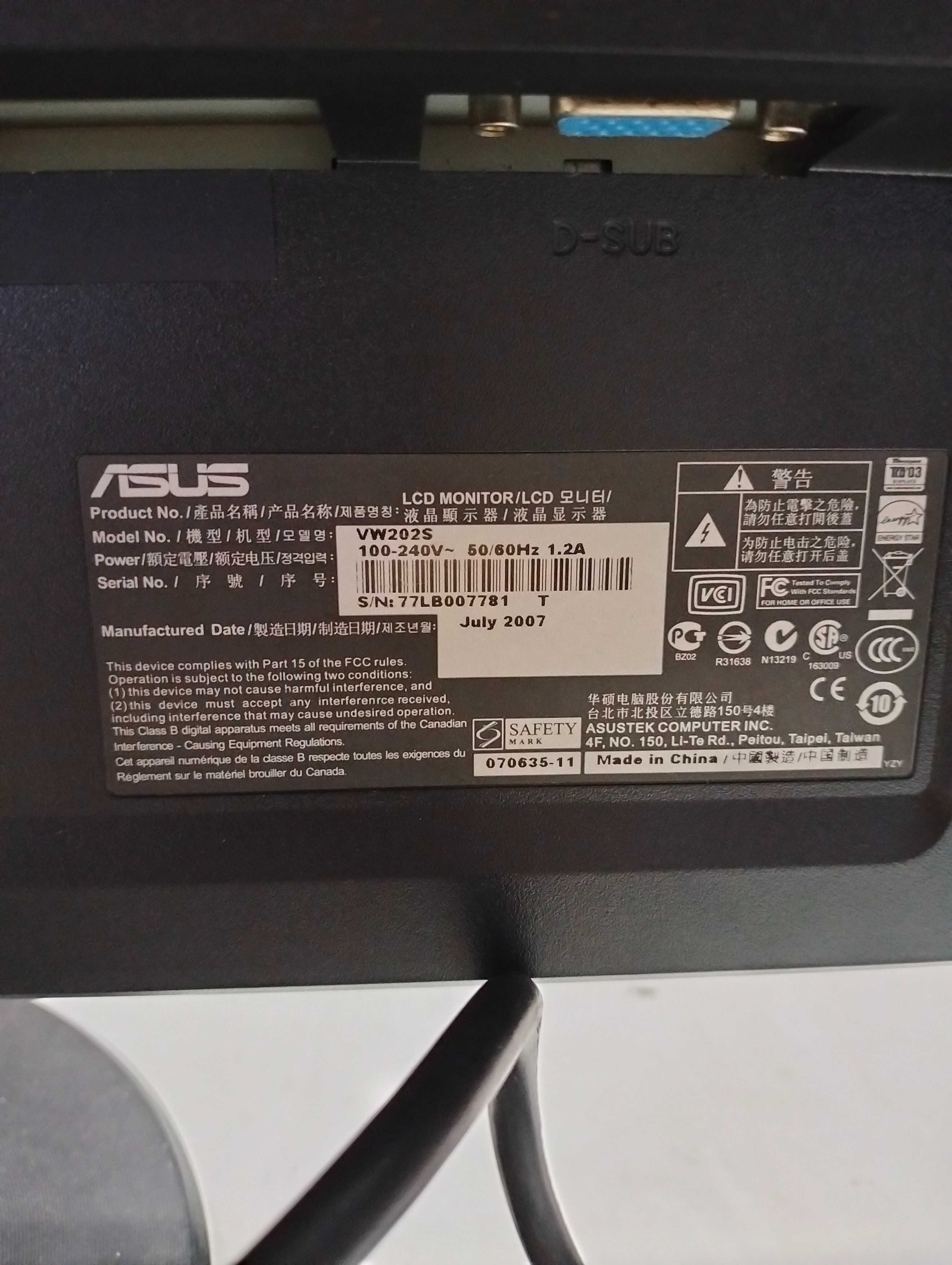 Monitor Computador LCD 20" Asus VW202s