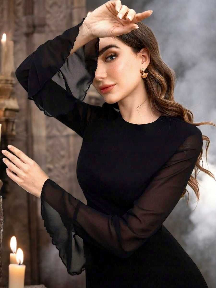 Długa Czarna Szyfonowa Sukienka Szerokie Rękawy Elegancka Gothic L