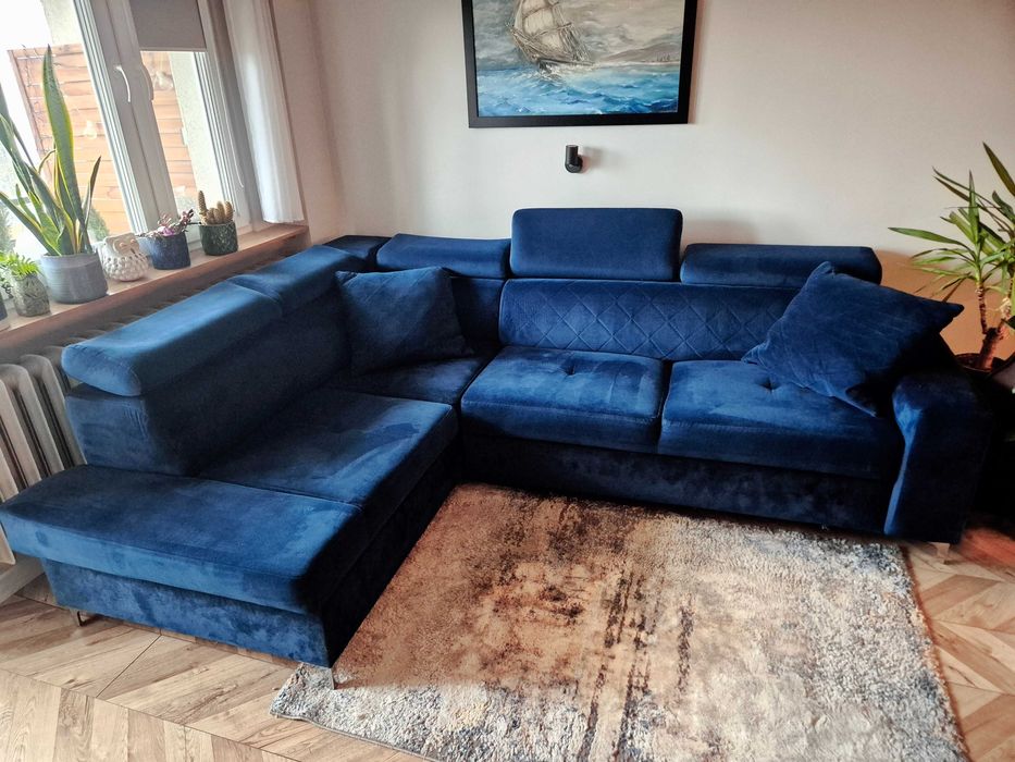 Narożnik, granatowy, welur, funkcja spania, kanapa