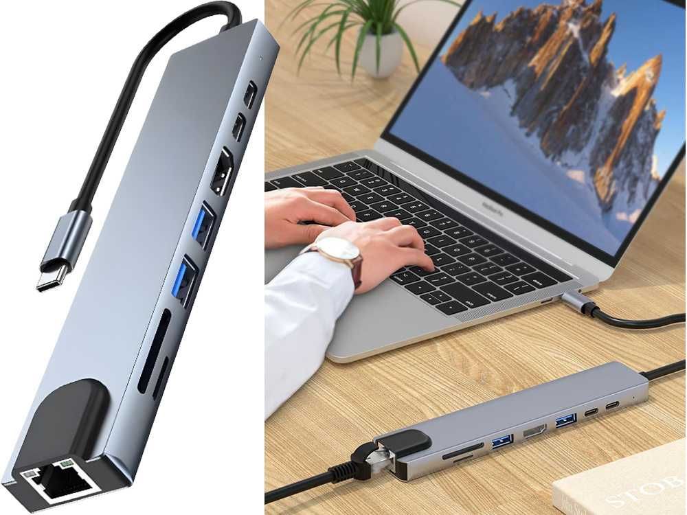 Hub USB-C 8w1: PD 100W HDMI, RJ45, 2xUSB-A, USB-C, czytnik kart  06331