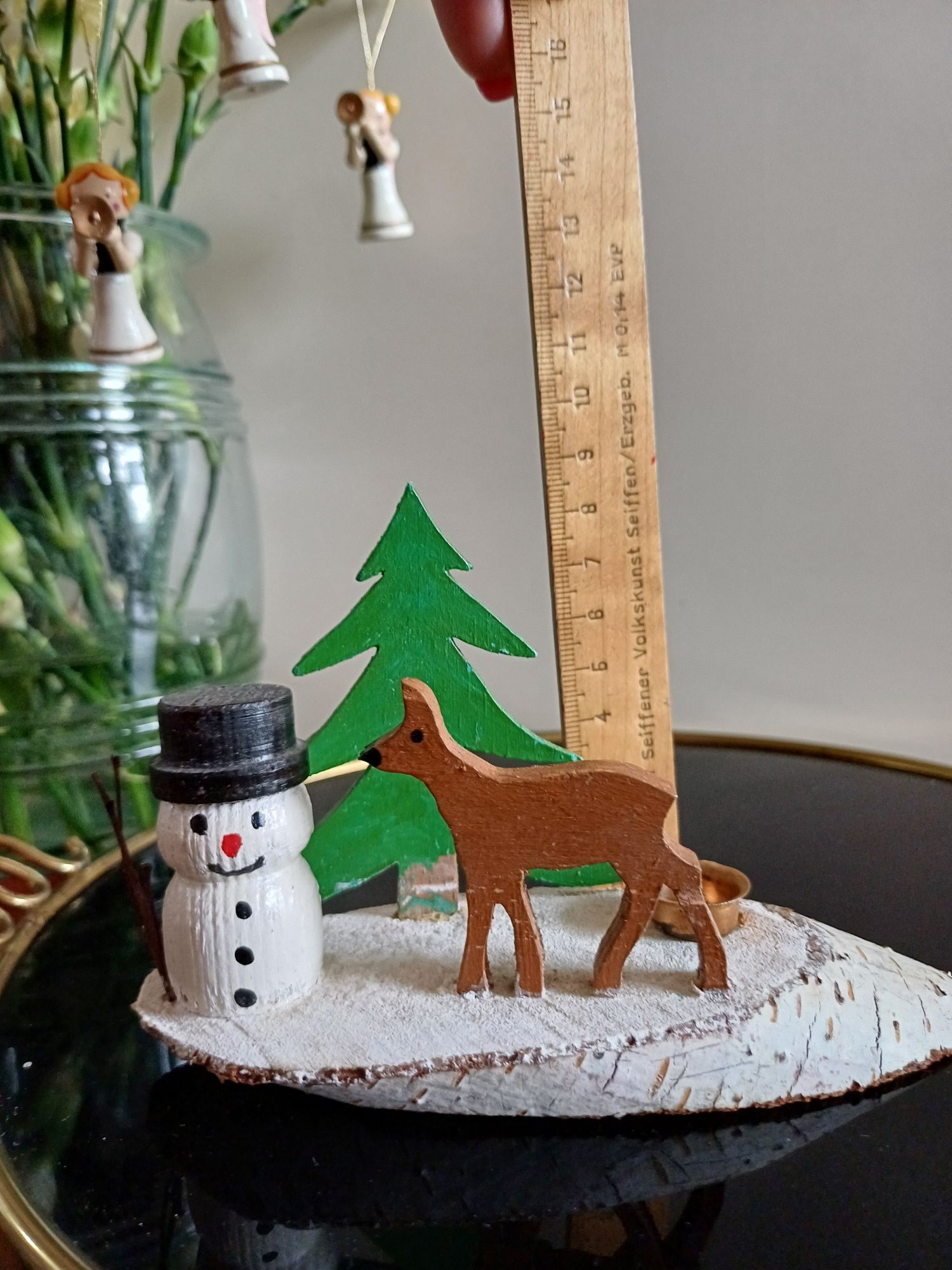 Świecznik bałwanek drewniany mini zimowy retro scenka choinka vintage