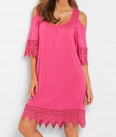 B.P.C sukienka tunika plażowa odkryte ramiona różowa z koronką r.44/46