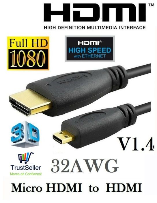 U07 Cabo Extensão Micro HDMI HDMI Ethernet 3D TV PC PS3 DVD Novo!