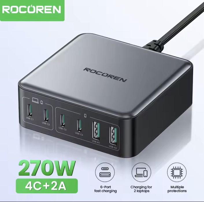 Зарядний пристрій Rocoren 200W GaN  6в1 4хType-C 2xUSB