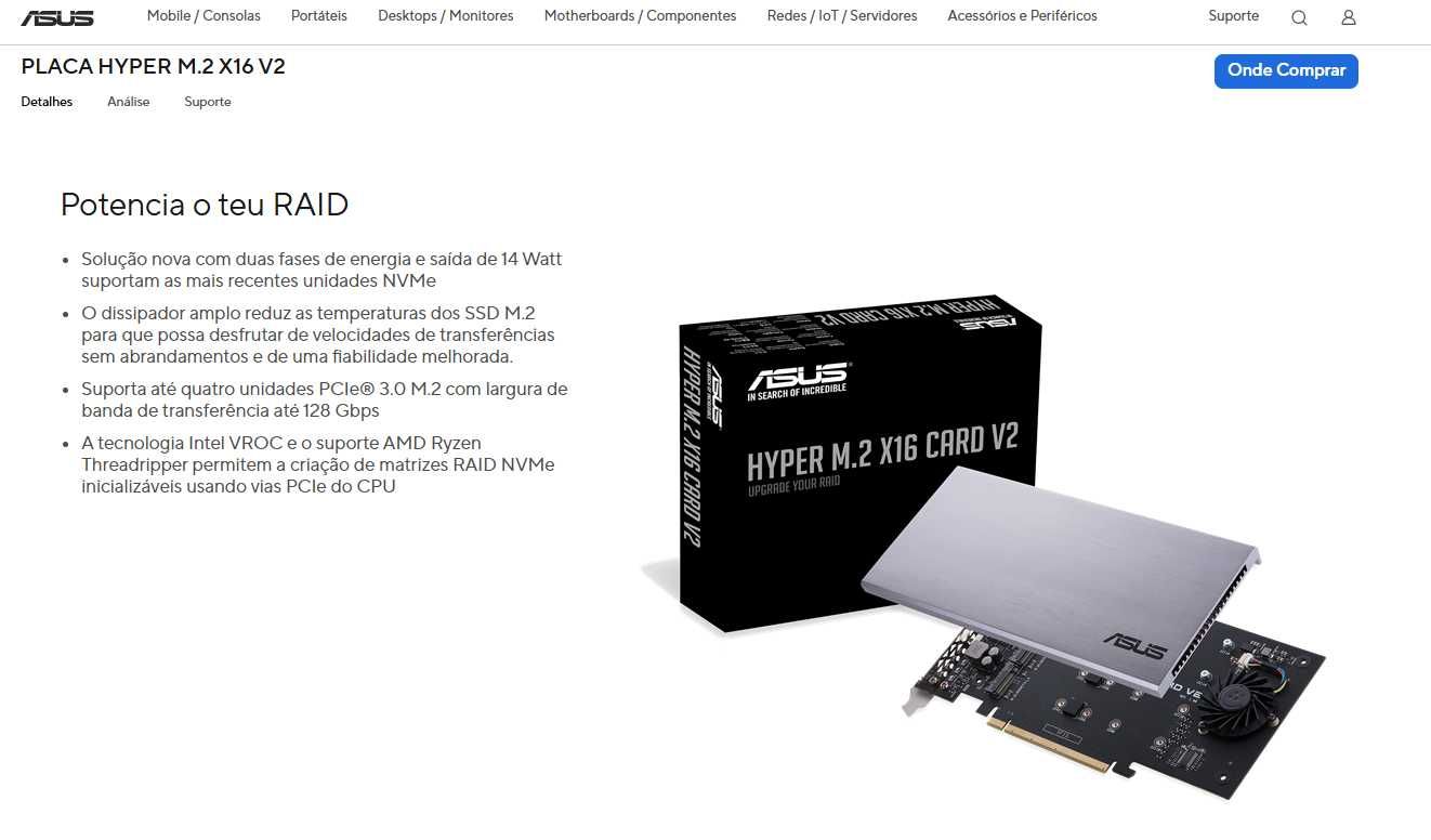 Placa PCI-E ASUS Hyper M.2 PCIE X16 CARD V2 C/Nova