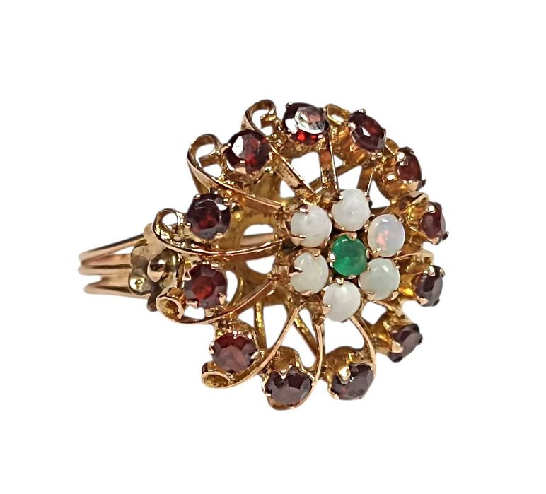 ZŁOTY PIERŚCIONEK 585 - R15 - 4,55G - granaty i opale