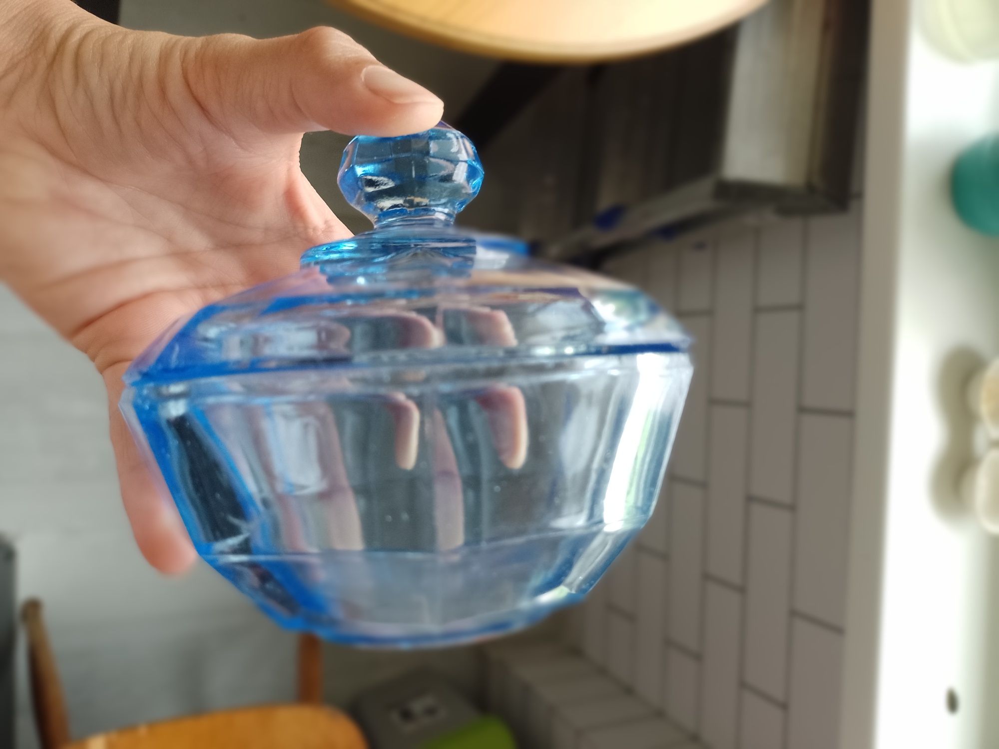 Blue glass niebiesko szkło stare retro puzderka bomboniera