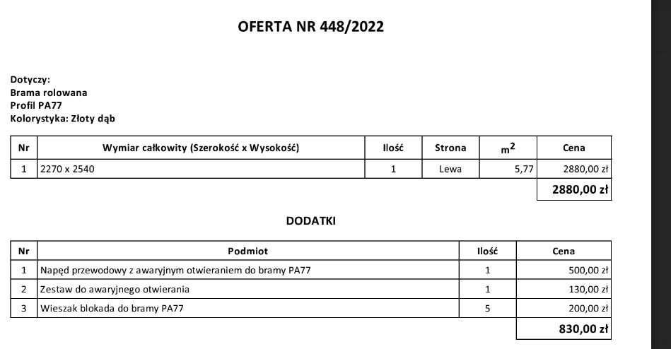 Brama Garażowa Rolowana wymiar w świetle szer 208 wys 224 Złoty Dąb