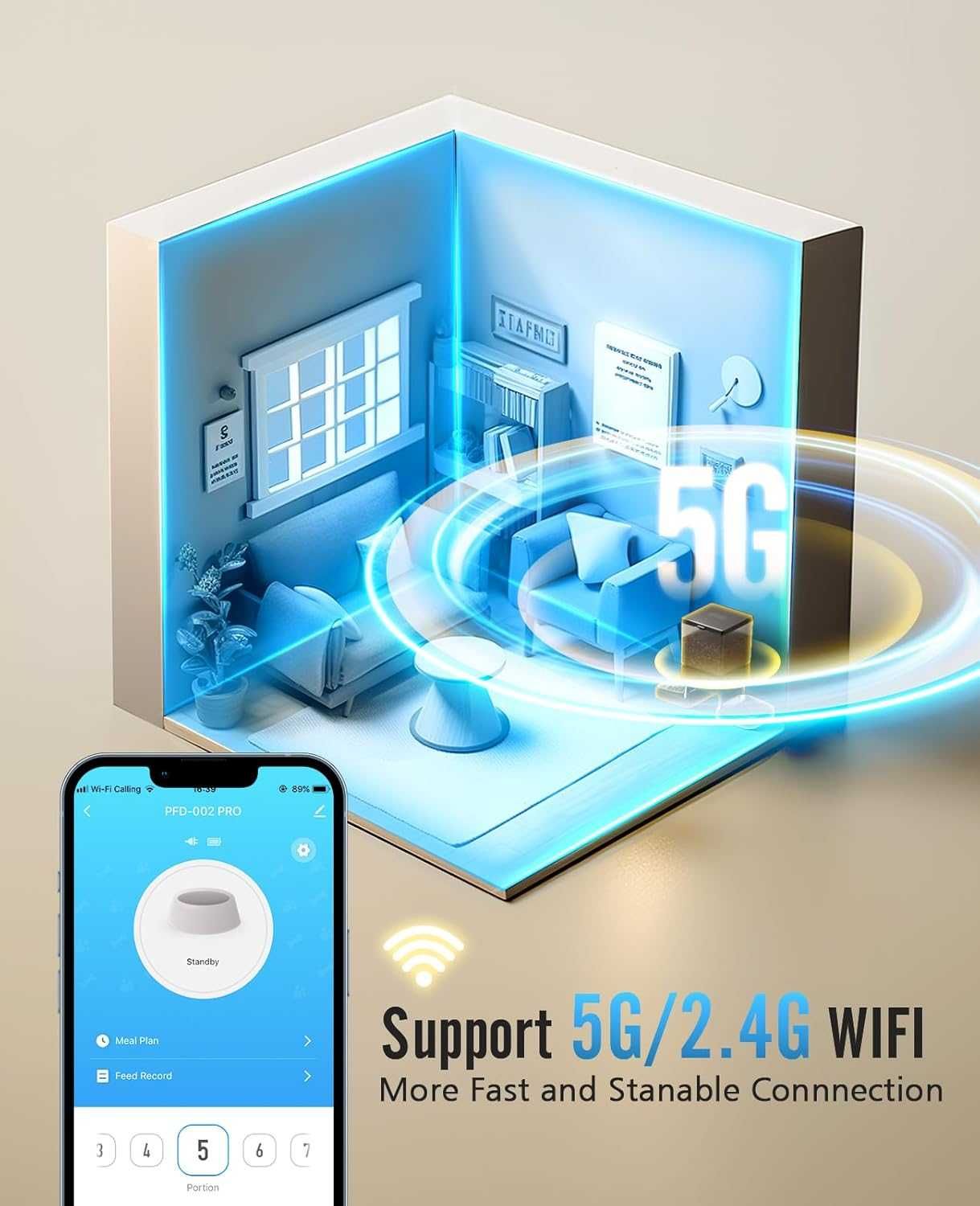 Inteligentny Duży Podajnik Karmy Dla Kotów Psów 5l 2 Miski 5g/2,4 Wifi