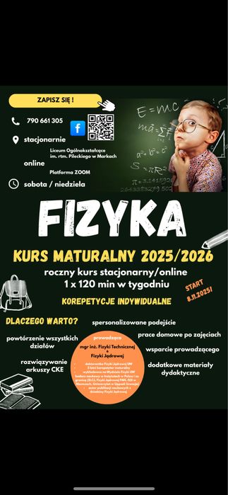 Kurs maturalny Fizyka Rozszerzona u doktorantki Fizyki.