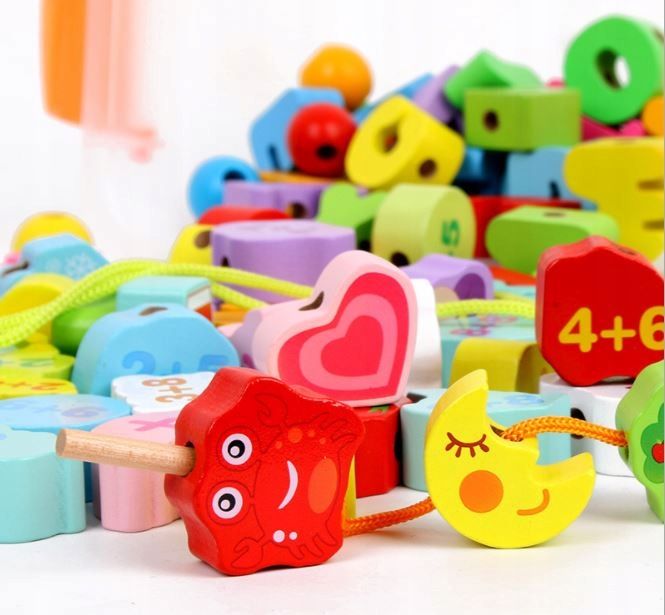 Koraliki Klocki Drewniane Do Nawlekania Montessori Edukacyjne Duży Zes
