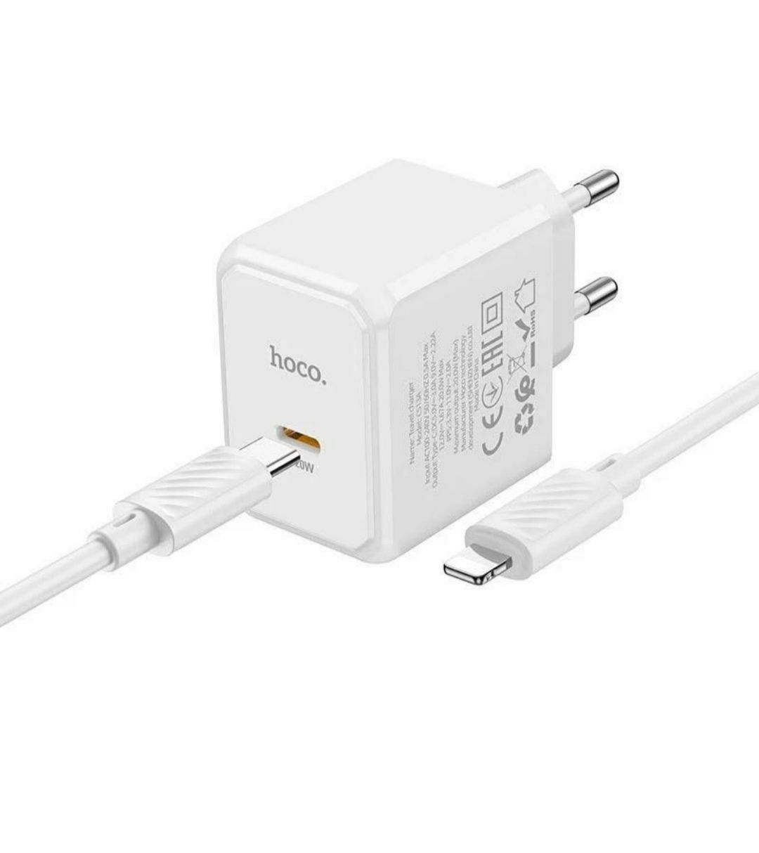 Блок живлення+кабель Type-C/Lightning Hoco 20W White
