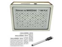 SKARBONKA DREWNIANA Wykreślanka 3 KARTY 1000, 2000, 3000 PISAK Biała
