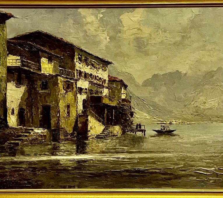 Старинная картина Швейцарский пейзаж.Холст.Масло.