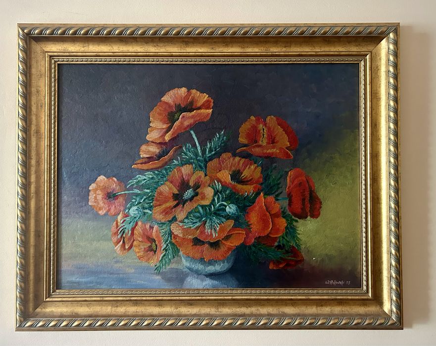 Obraz olejny, kwiaty na płótnie, W.Rajewski 1973