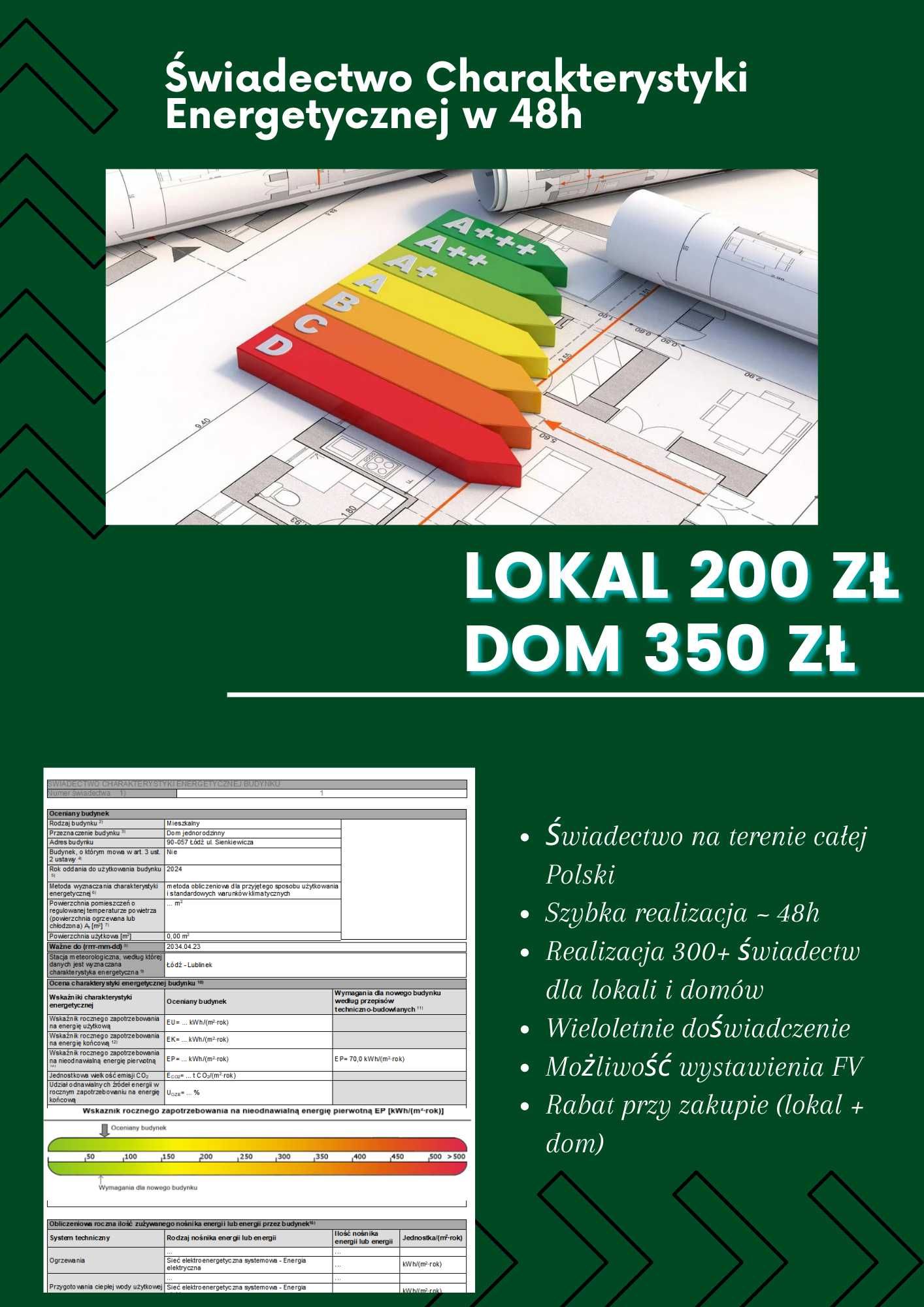 Świadectwo Charakterystyki Energetycznej Lokal 200zł Dom 350zł w 48h