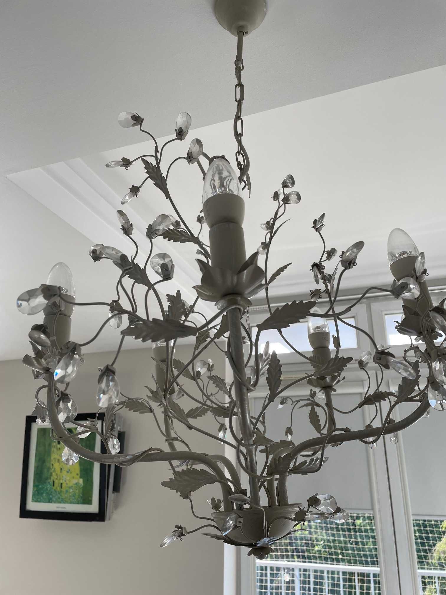 Lampa wisząca 5 X E14 ramienna żyrandol KREMOWO SREBRNA Z KRYSZTAŁAMI