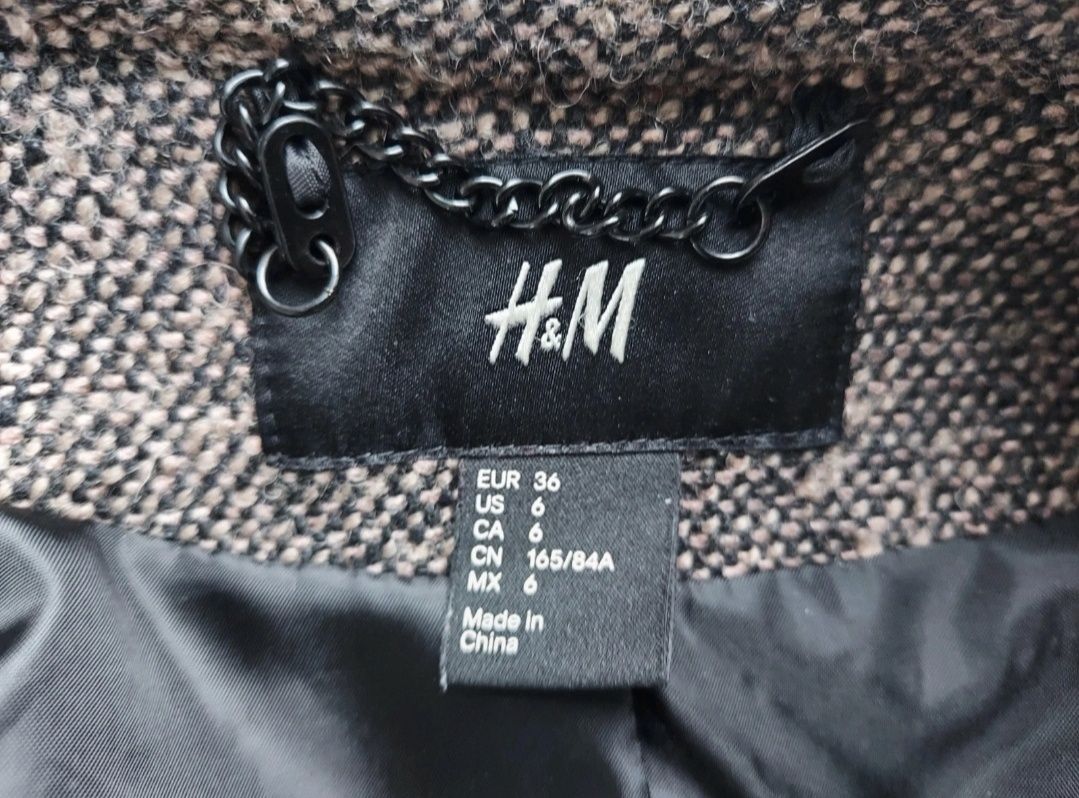 Lekka krótka kurtka katana brązowy melanż z wełną wiskoza H&M s36