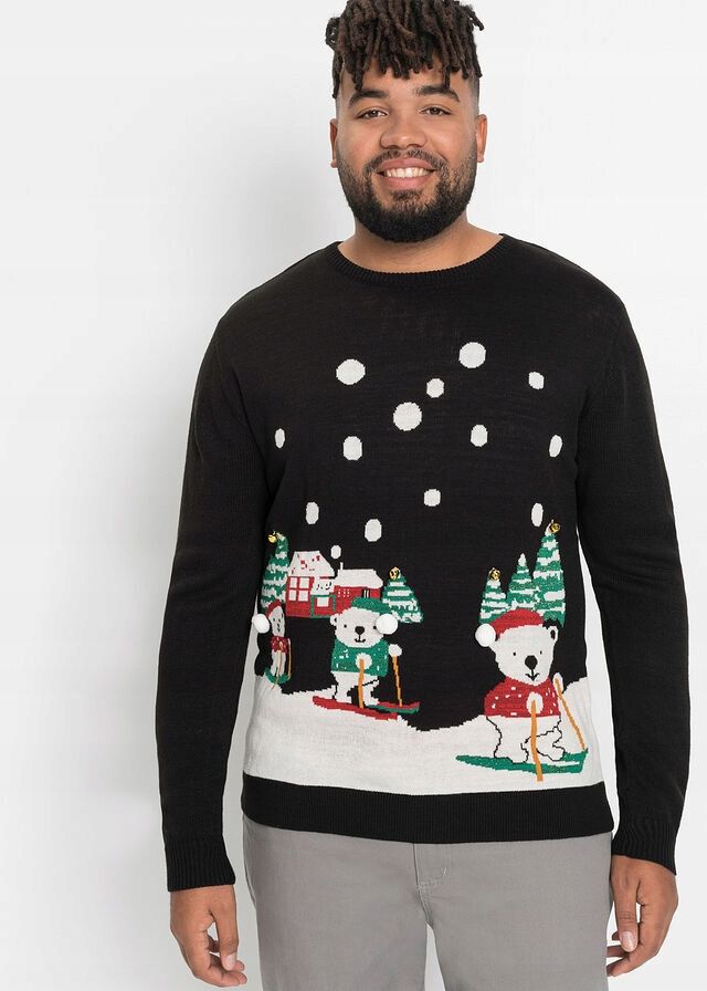B.P.C sweter męski czarny w świąteczny wzór z dzwoneczkami M.
