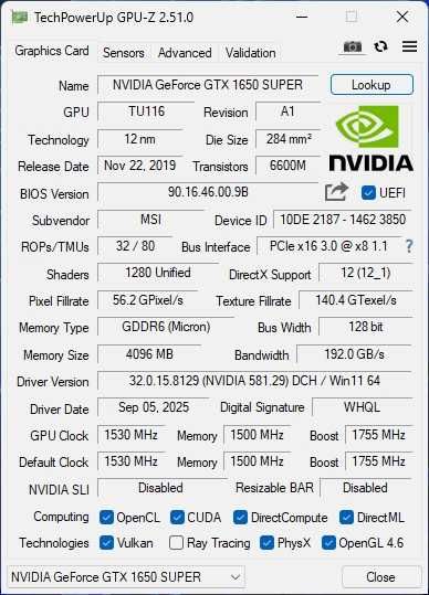 Karta graficzna MSI GeForce GTX 1650 super gaming X 4GB GDDR6