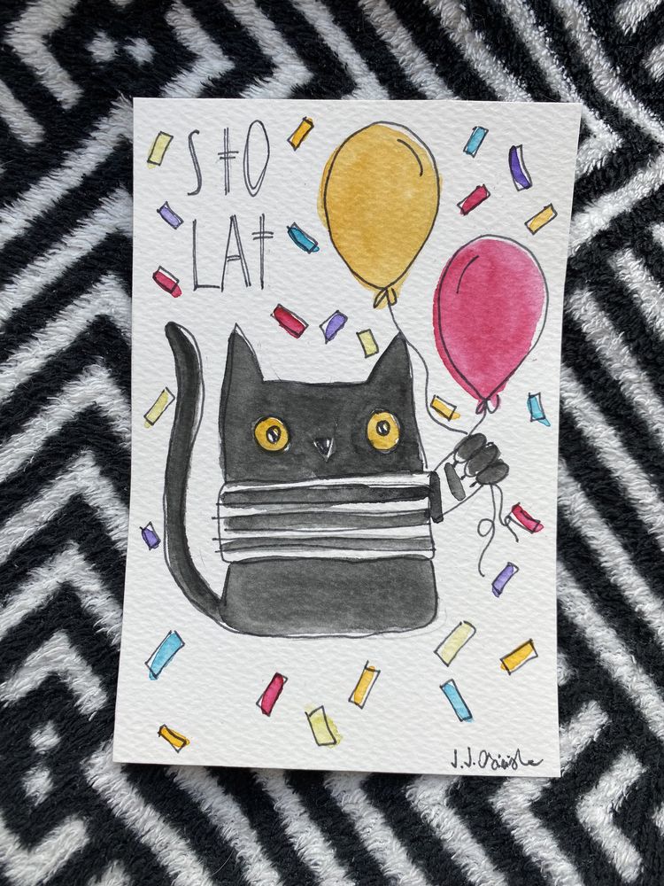 Kartka okolicznościowa urodzinowa sto lat balony czarny kot