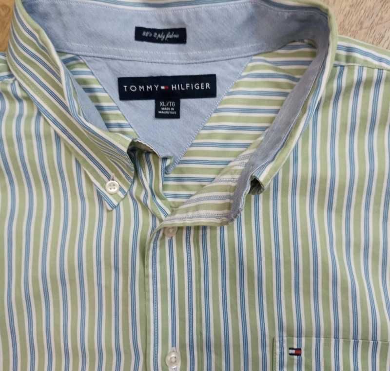 Tommy Hilfiger zielona koszula w biało niebieskie paski XL