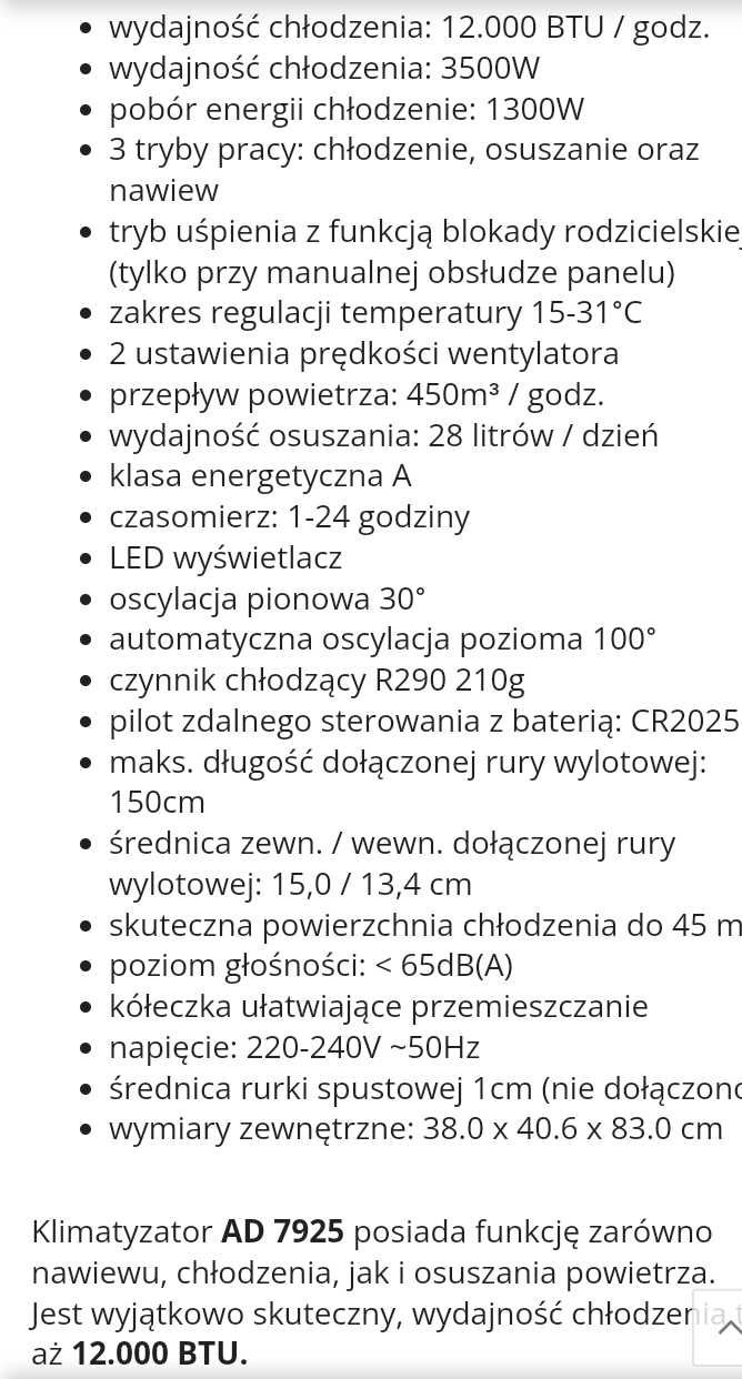 Nowy Klimatyzator przenośny ADLER AD 7925 12.000 BTU