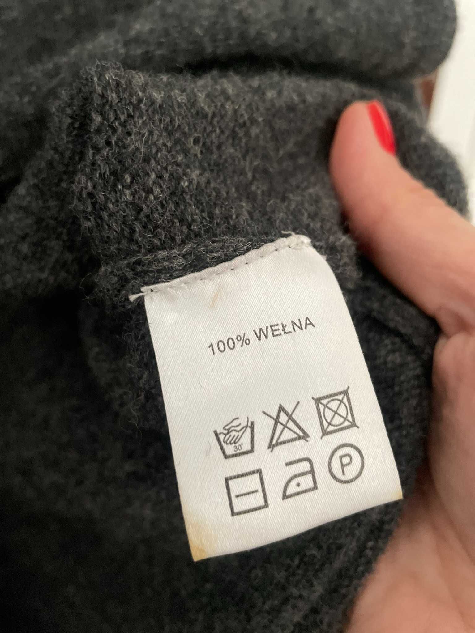 Solar szary kardigan grafitowy melanż sweter 100% wełna oversize L 40