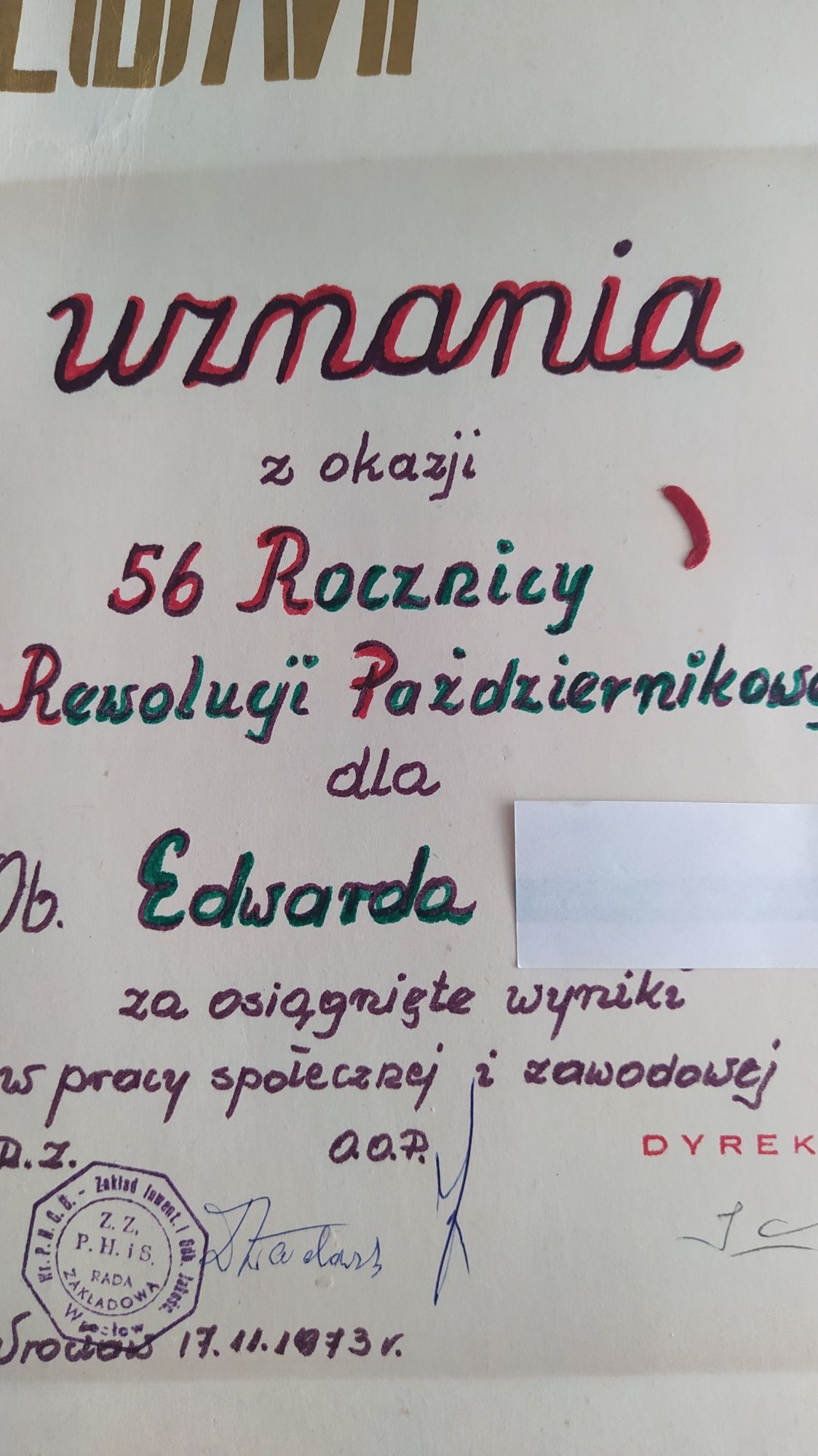 Dyplom Rewolucja Październikowa PRL