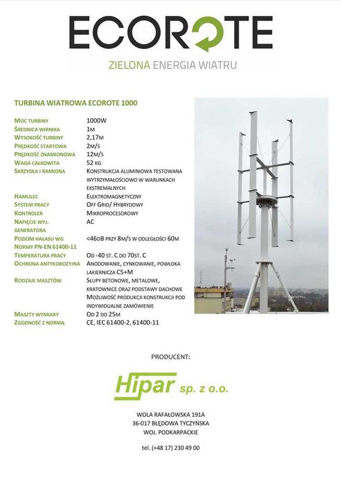 Turbina wiatrowa 1000W + Fotowoltaika 2,64 kWp + Magazyn 5,12 kWh