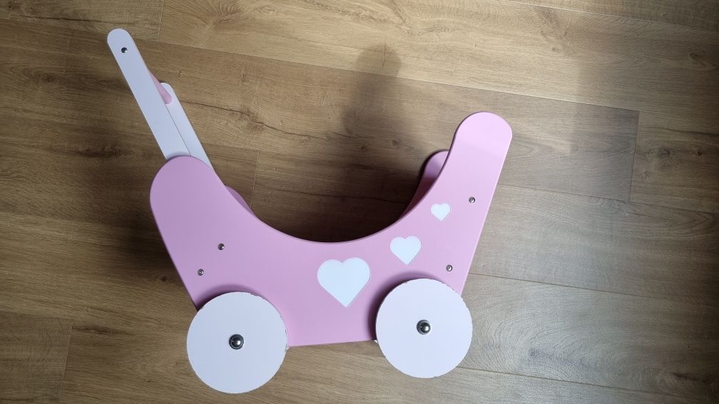 Drewniany wózek dla lalek, różowy