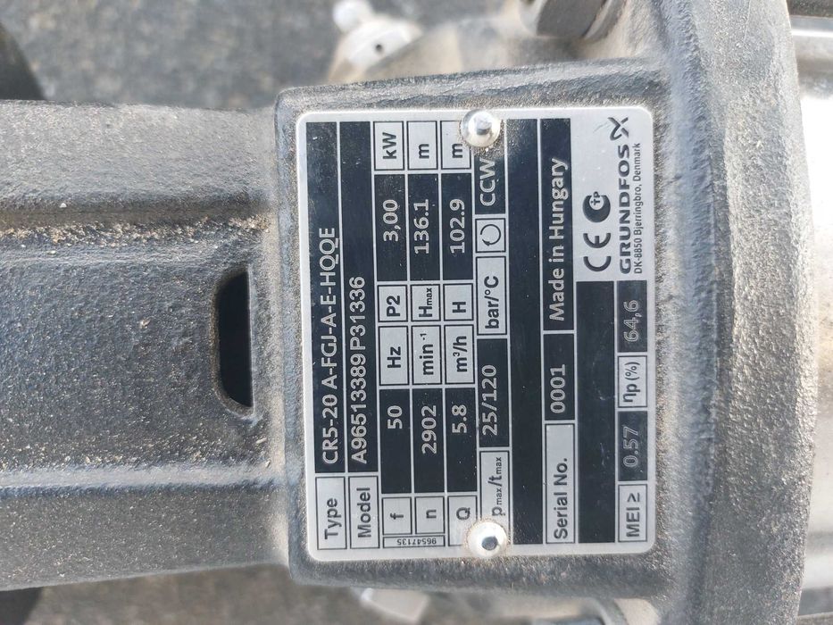 pompa GRUNDFOS CR5-20 A-FGJ-A-E-HQQE  MOC 3kW   Hmax=136m  Q=5,8m3/h