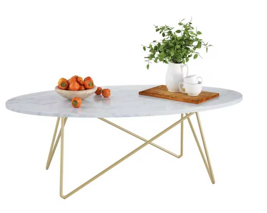 Stolik kawowy Getone,ława z efektem marmuru, 120x60x41cm białe złoto