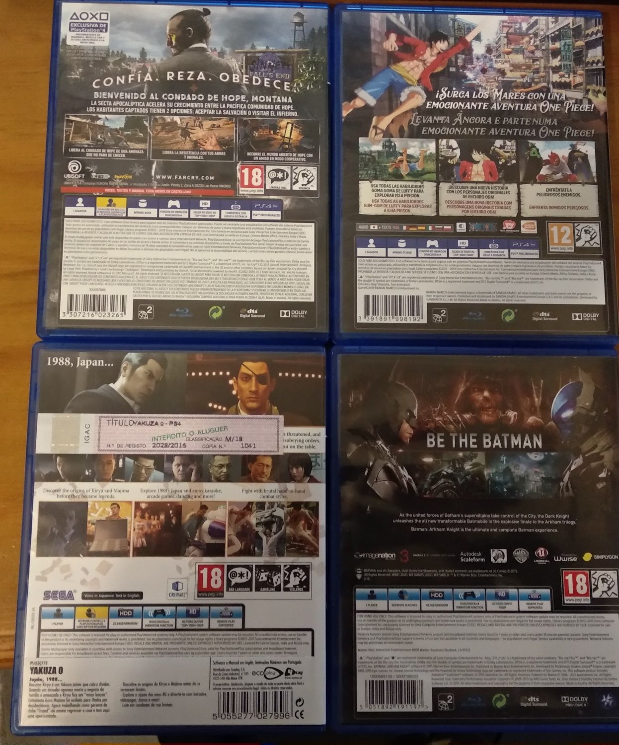 Jogos PS4 - Batman, One Piece, Yakuza0 e FarCry5