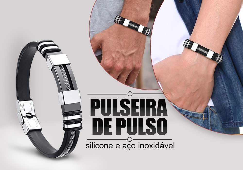 Pulseira de pulso – Silicone e aço – 21 centímetros de comprimento