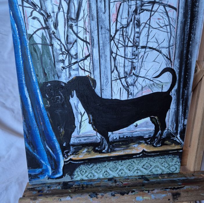 Jamniki jamnik w oknie obraz na płótnie od artysty