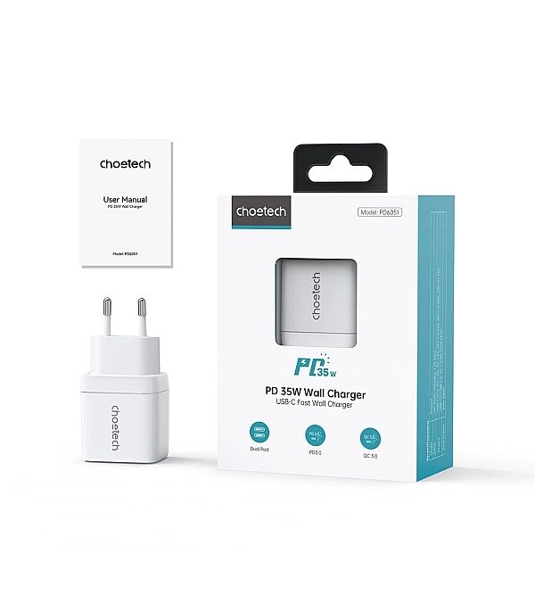 Ładowarka sieciowa GaN Choetech PD6051/2x USB-C PD 35W z wyświetlaczem